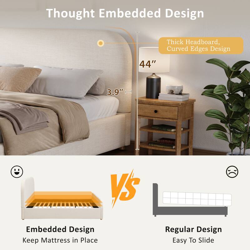 King/Queen/Twin Bed Frame with Linen Curved Headboard & Solid Wood Legs