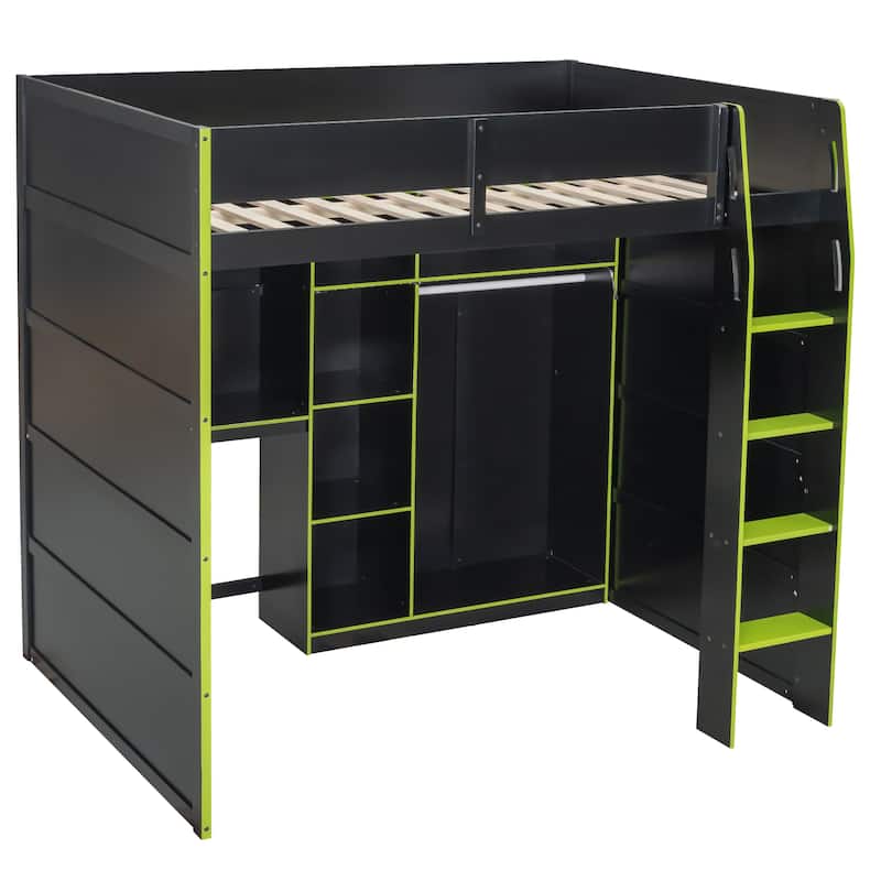 Full Size Wood Loft Bed with Desk, Open Wardrobe, Storage Compartments, and RGB Lights in Green