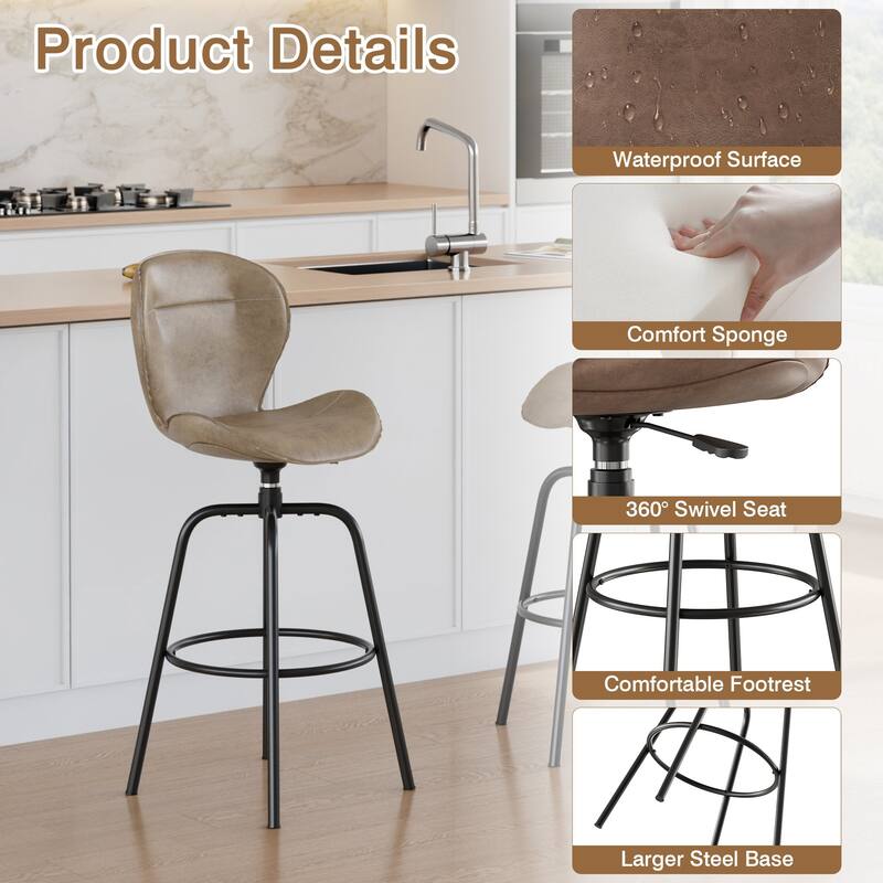 Javlergo 2/4 Pack Bar Stools Brown Mid Century Modern PU Leather 360° Swivel & Ring Footrest Kitchen Island Barstools