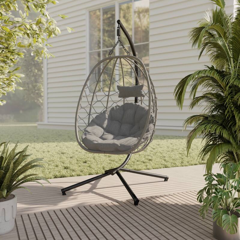 LeisureMod Summit Foldable Hanging Egg Swing Chair with Removable Cushion for Porch, Patio, Backyard, Garden, Lounge