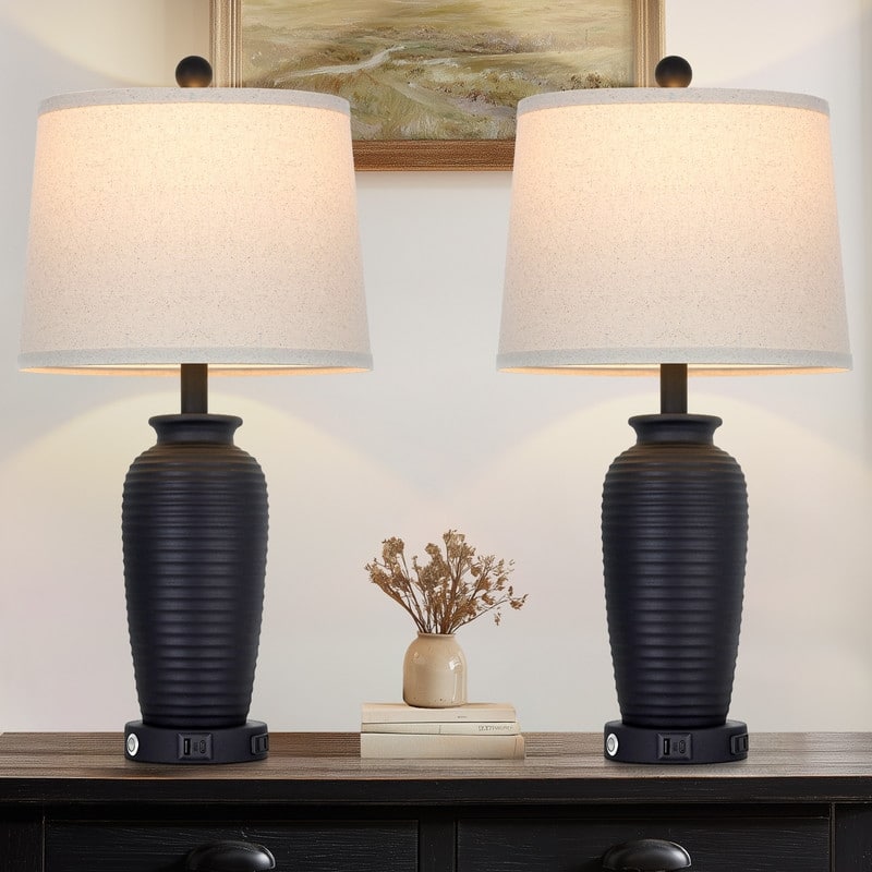 Set of 2 Bedside Resin Table Lamps with 3-Way Touch Control and Dual USB Ports