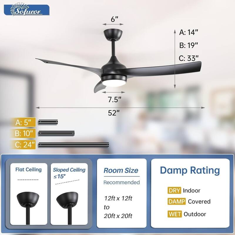 Sofucor 52 Inch Ceiling Fan with Light Remote Control,Airflow 6000CFM 3-Timer with ABS 3 Blades Reversible DC Motor