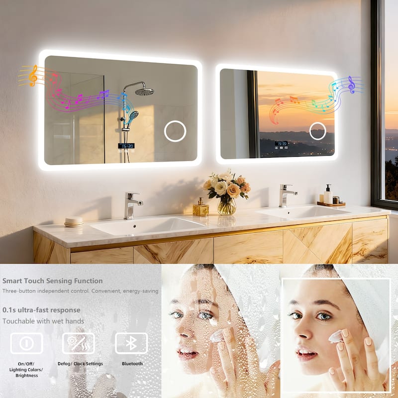 Smart LED Bathroom Mirror with Bluetooth Speaker, Anti-Fog Magnifying