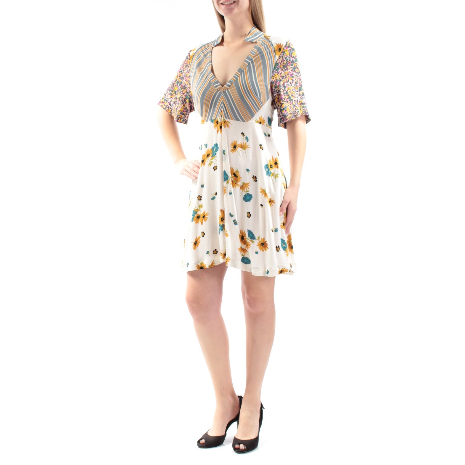 Shop Free People Womens Ivory Floral 3 4 Sleeve V Neck Mini A Line