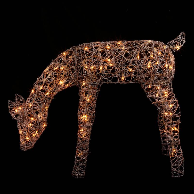 Alpine Corporation Outdoor Rattan Grazing Christmas Reindeer Lawn Decoration with White Halogen Lights