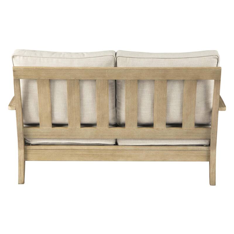 Traditional Wooden Loveseat with Fabric Cushioned Seating, Beige and Brown