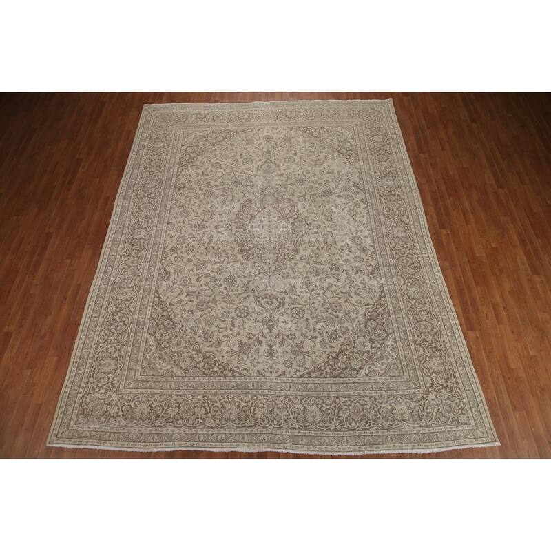 Hand Knotted Oriental 100% Wool Carpet Traditional Floral Beige & Ivories Mashad Area Rug - 12' 4'' X 9' 6''