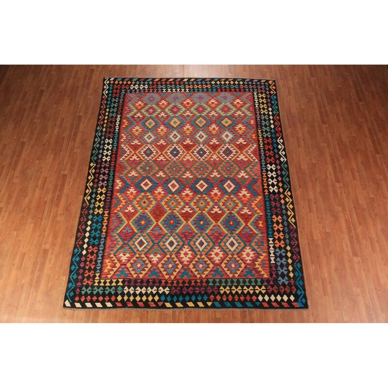 Geometric Kilim Area Rug Hand-Woven Oriental Wool Carpet - 8'5"x 11'4"