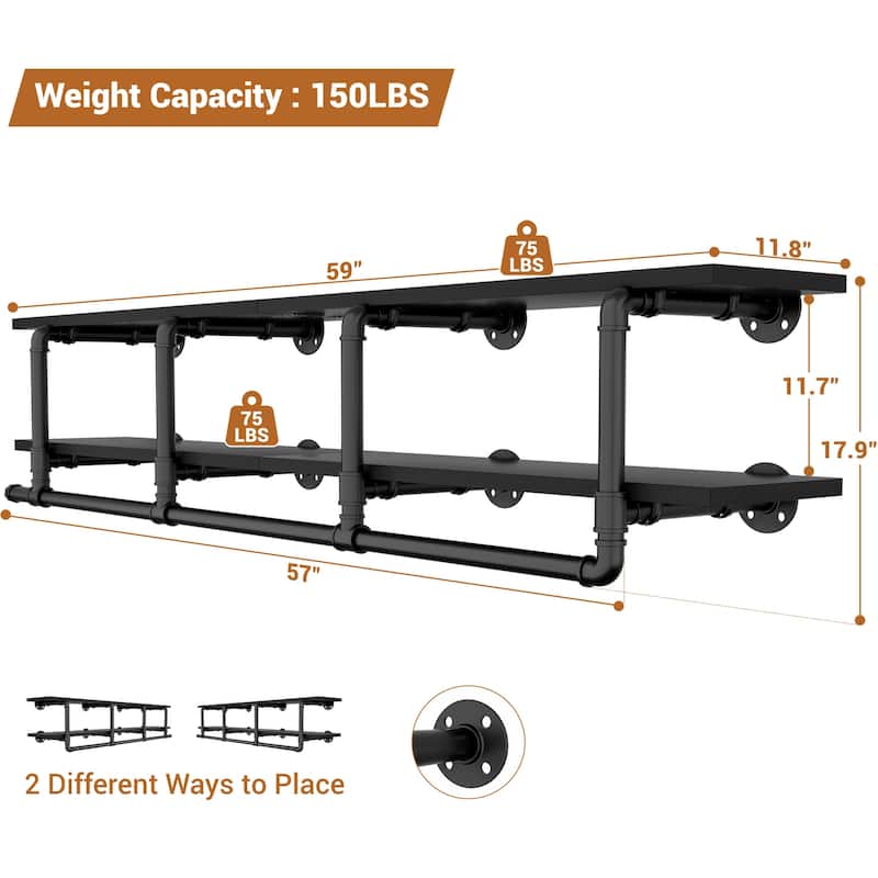 Floating Pipe Heavy-Duty Garment Rack, Wall-Mounted Closet Organizer with Storage Shelves