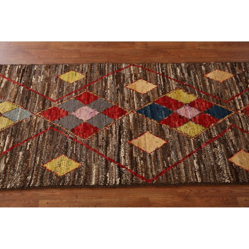 Brown Geometric Moroccan Oriental Runner Rug Handmade Wool Carpet - 2'11" x 9'8"