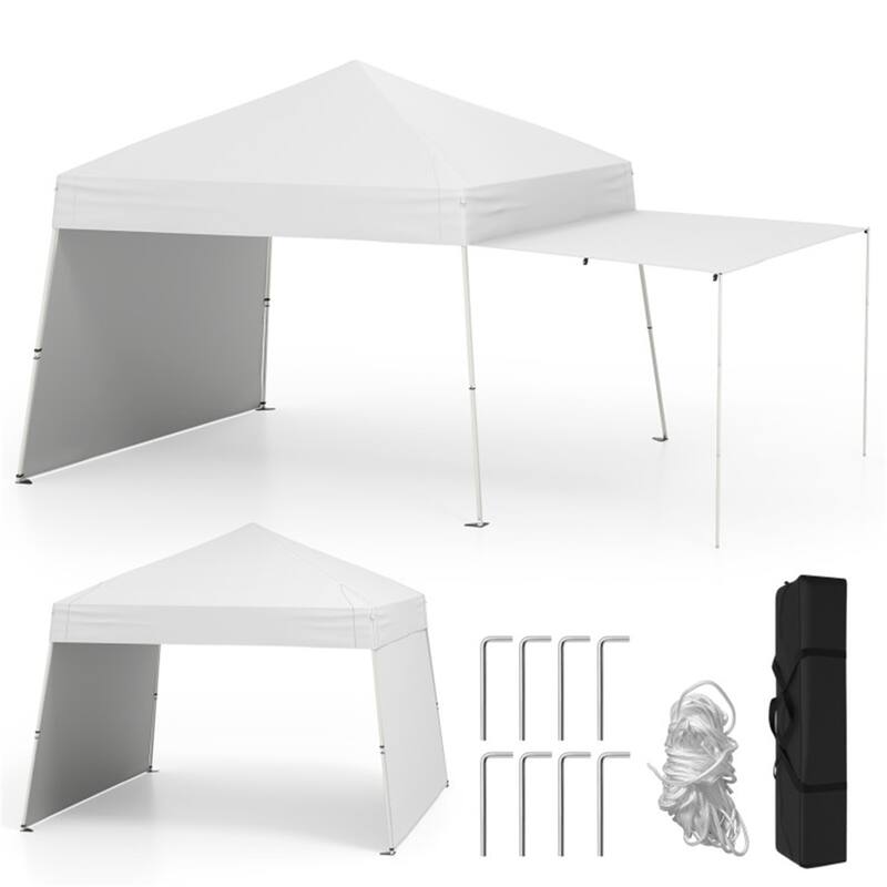 10x9.2 ft Pop-Up Canopy Tent with Awning and Sidewalls Stable Metal Frame for Outdoor Use - 14 x 9.2 x 8.3/8.7 ft (L x W x H) - White