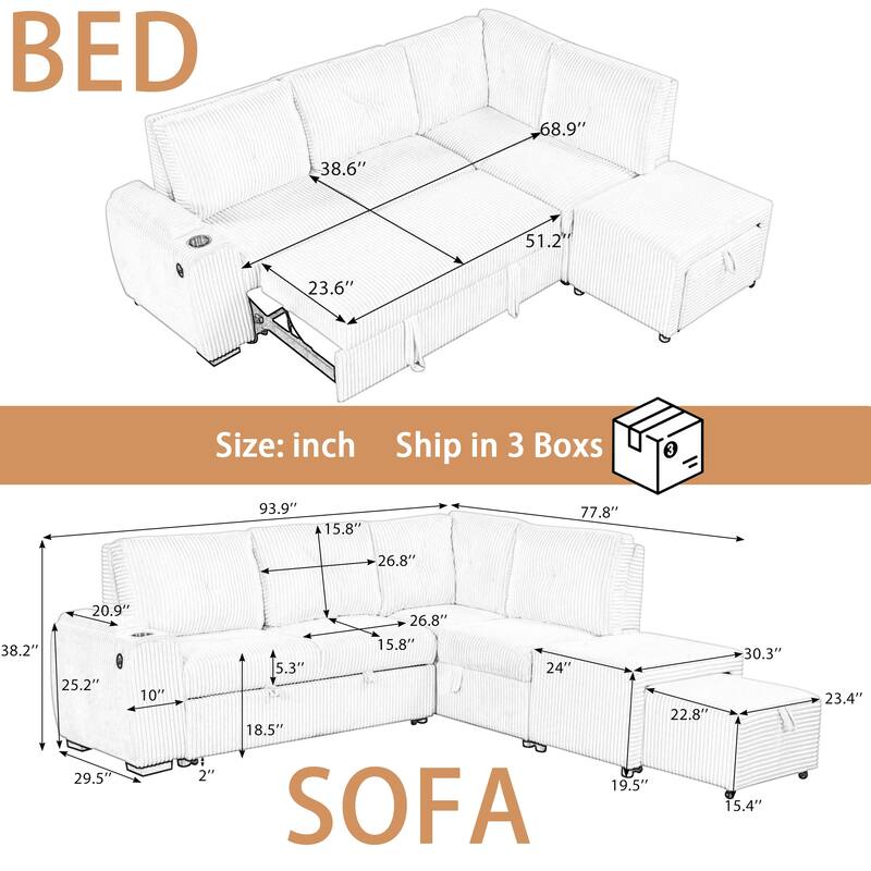 94" Convertible L-shaped Sectional Sofa with Pull-out Bed, Movable Ottoman and Stool, Storage, Cup Holder, and USB Ports