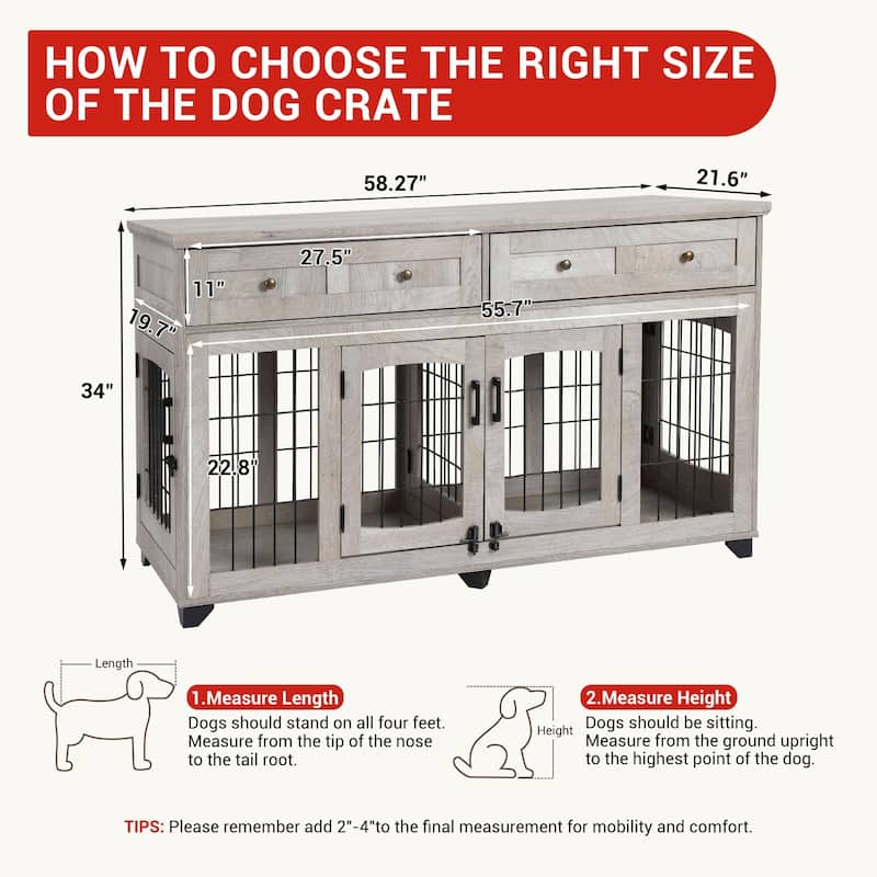 Double Dog Crate Furniture with Drawers, Removable Divider, and Storage Table