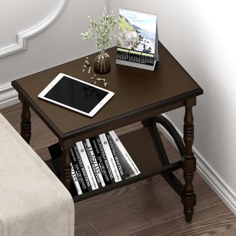 Wooden Side Table Accent Table, End Table Coffee Table with Magazine Rack, Classic Bedside Table with Storage Shelf