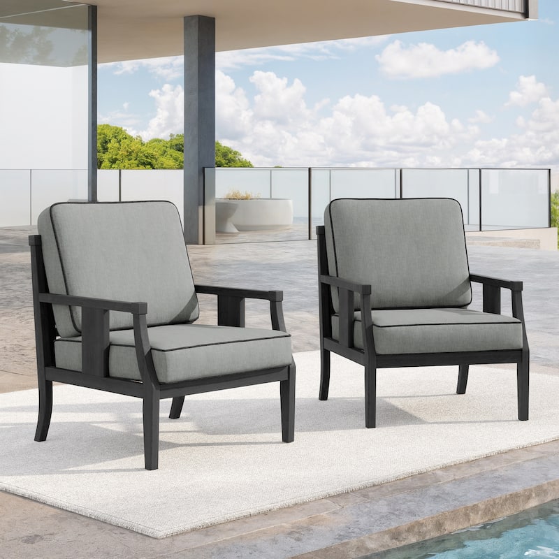 Set of 2 Outdoor Teak Wood Armchairs with Cushions, Patio Club Chairs - Dark Wood - Grey