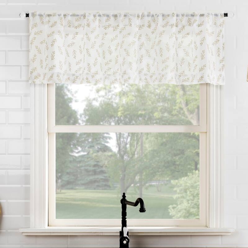 No. 918 Hawthorne Floral Leaf Sheer Rod Pocket 1-Piece Kitchen Curtain Valance - 52" x 14" - Taupe