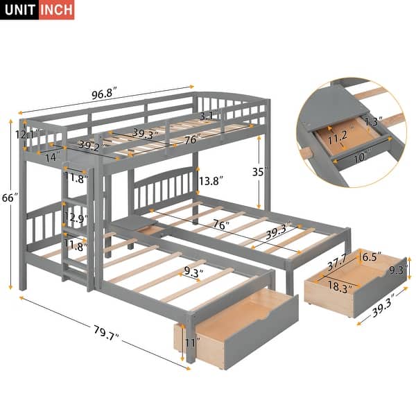 Twin Size Solid Pine Wood Triple Bunk Bed with Bedside Table and Two Drawers
