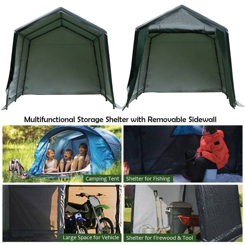 8x14ft Green Carport Tent with Sturdy Steel Frame and Waterproof PE Cover Ventilated Zipper Door - 8' x 14' x 7.6' (L x W x H)