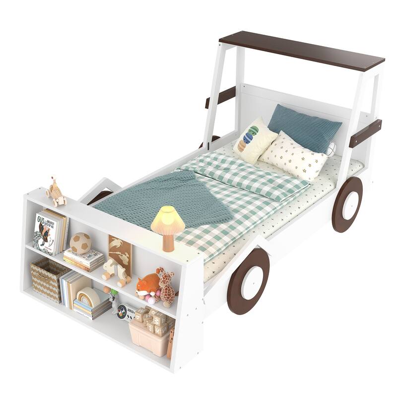 Twin Size Car Bed with Storage Shelves, Kids Platform Bed with Cute Car-shape, Childlike Design, Blue White