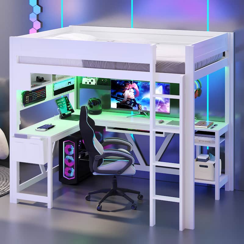 Full Size Gaming Loft Bed Multifunctional Gaming Bed with Built-in Desk and RGB Setup, Charging Station and Storage Shelves