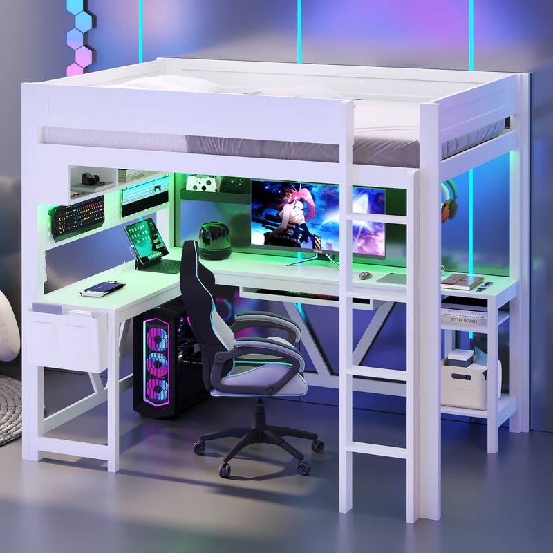Full Size Gaming Loft Bed with Desk, Storage Shelves, LED Lights, and Charging Station in White