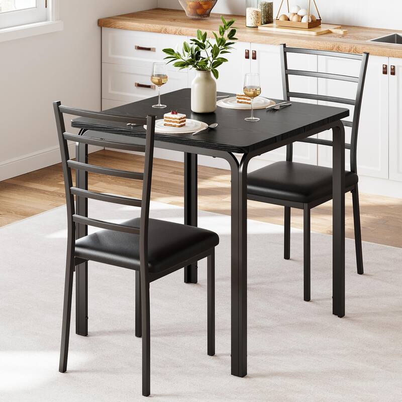 3-piece Wood Square Kitchen Dining Table Set for Apartment - Black