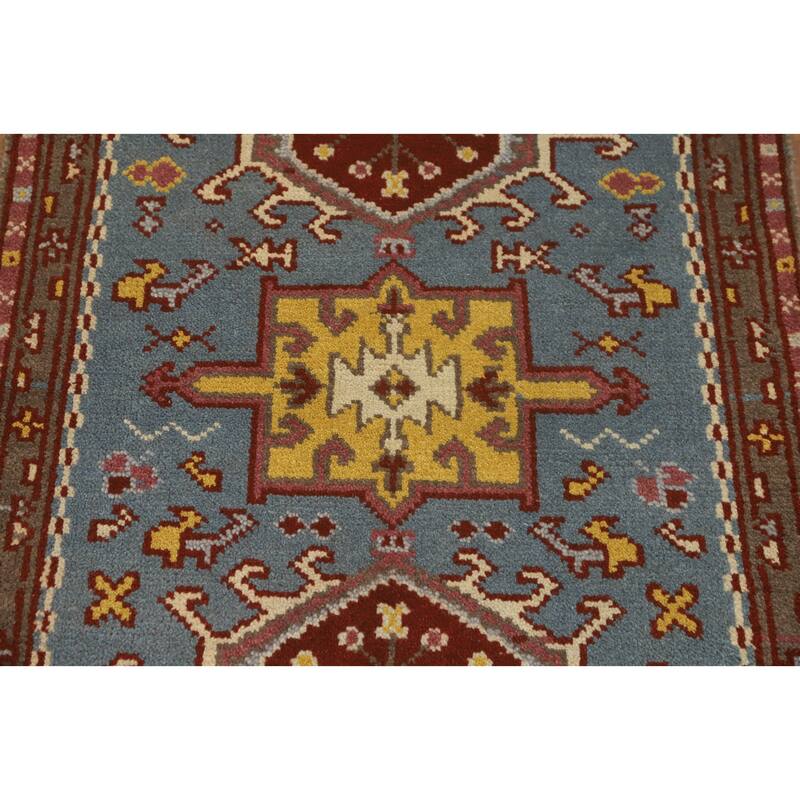 Hand-knotted Traditional Wool Blue Geometric Oriental Area Rug - 9' 8'' X 2' 6''