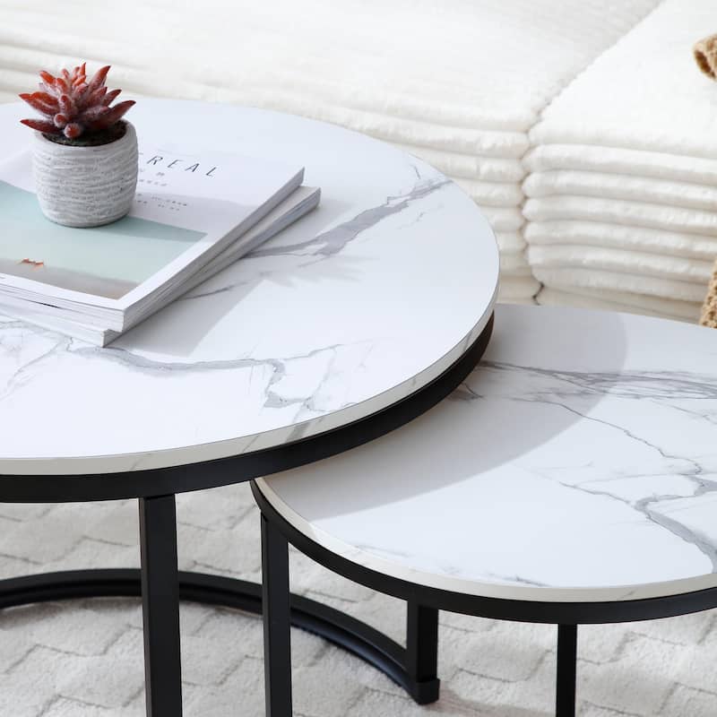 Versatile Nesting Coffee Table Set of 2 with Round Wooden Top and Metal Frame Base Modern Simple Side Table End Table Nightstand