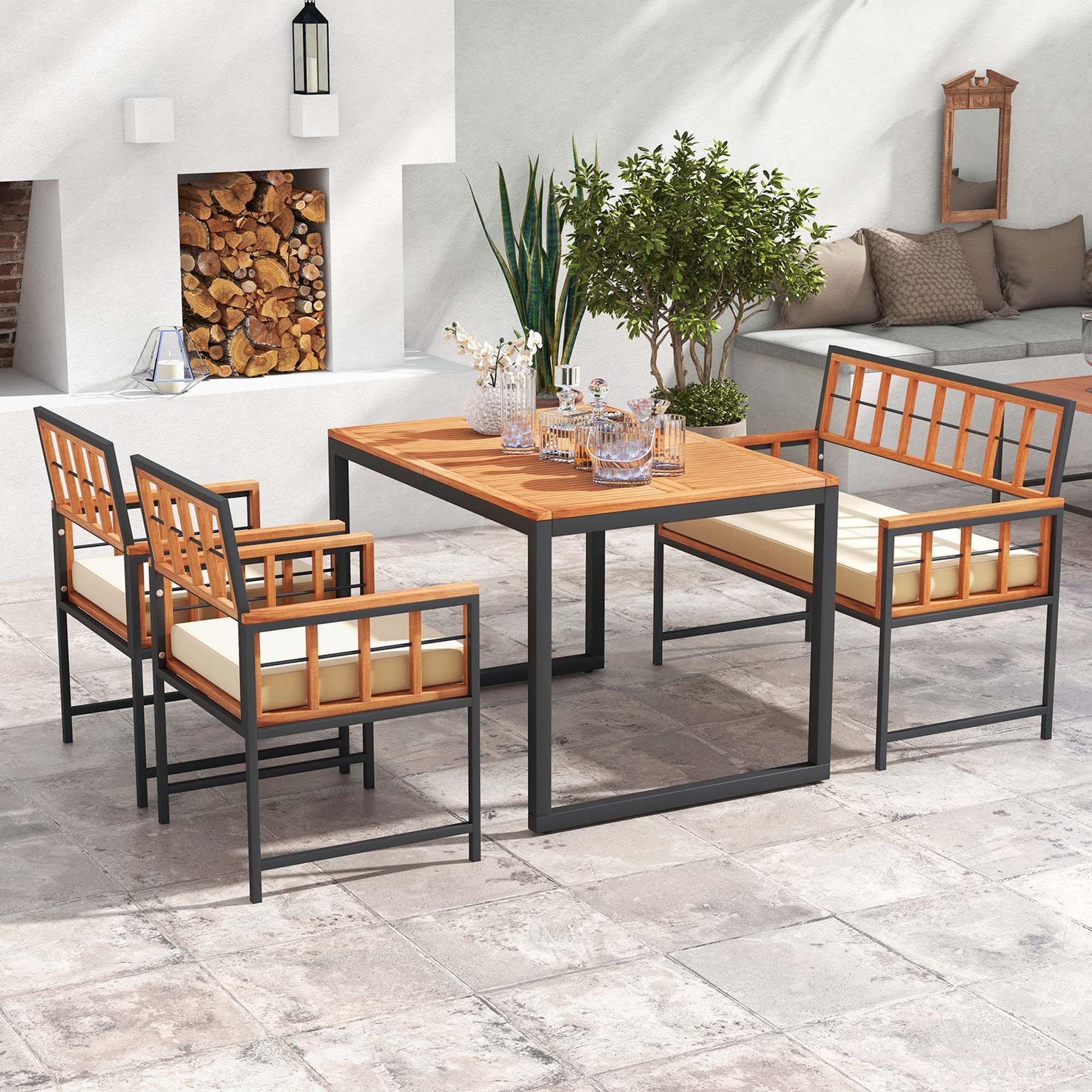 Costway 4 Piece Patio Dining Set Outdoor Wood Dining Furniture with 2