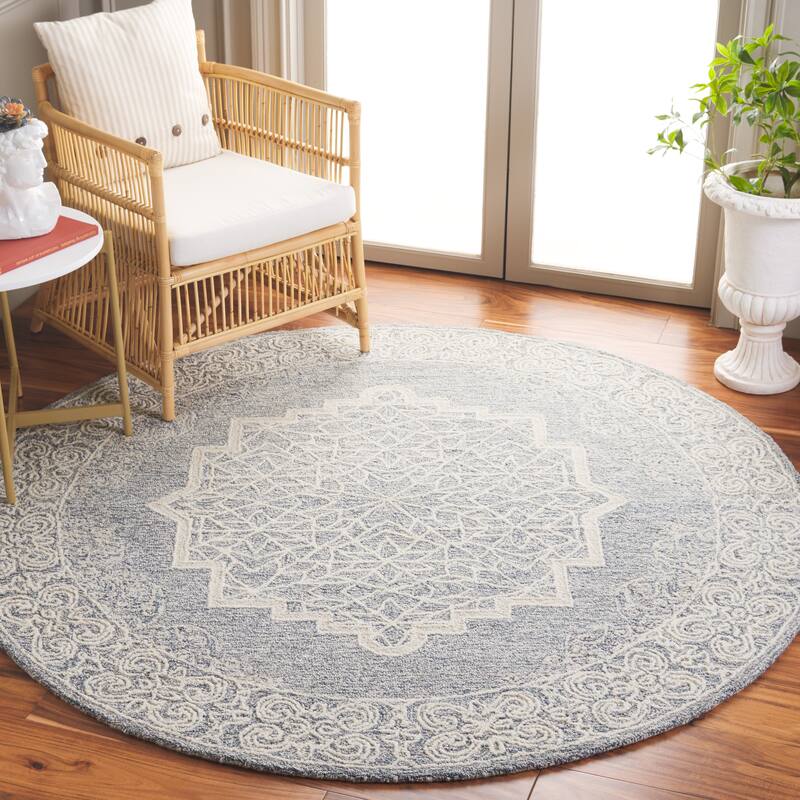 SAFAVIEH Handmade Abstract Seung Wool Rug - 6' Round - Ivory/Blue