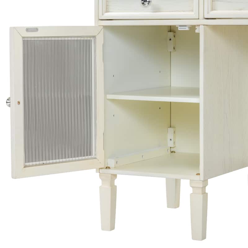 White Oak Vanity Desk with Hidden Mirror Storage Drawers Cabinets and Upholstered Stool - 46.5”L x 20.2”W x 29.7”H