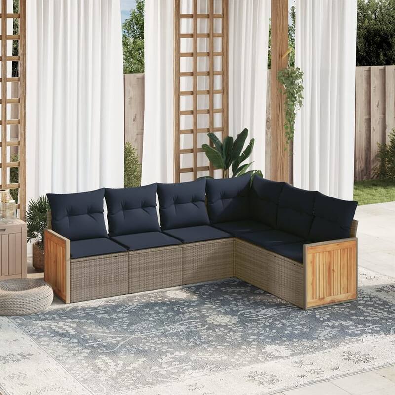 vidaXL 6/7 Piece Patio Sofa Set with Cushions Black/Gray Poly Rattan - 24.4 x 24.4 x 27.2 - Gray Without table