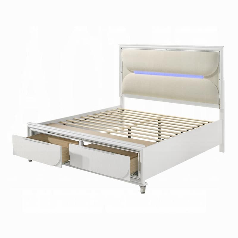 Rara Queen Size Bed, 2 Storage Drawers, LED, White Boucle Upholstery