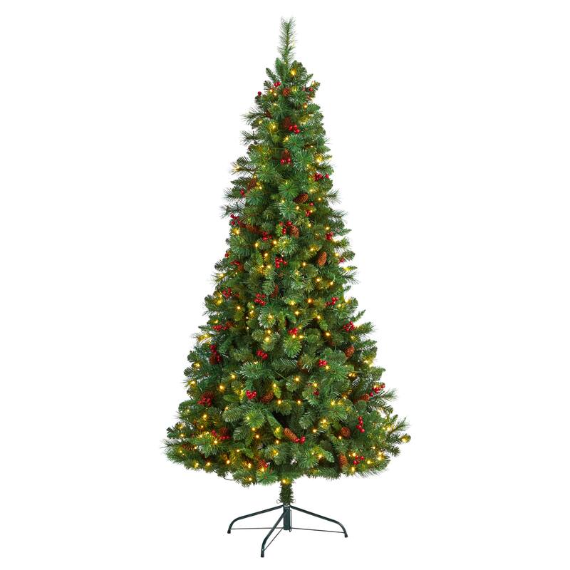 7' Flat Back Montreal Mountain Pine Artificial Christmas Tree with Pinecones, Berries and 210 Warm White LED Lights