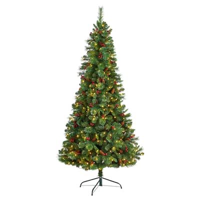7' Flat Back Montreal Mountain Pine Artificial Christmas Tree with Pinecones, Berries and 210 Warm White LED Lights