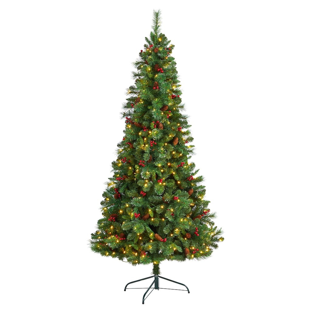 7' Flat Back Montreal Mountain Pine Artificial Christmas Tree with Pinecones, Berries and 210 Warm White LED Lights