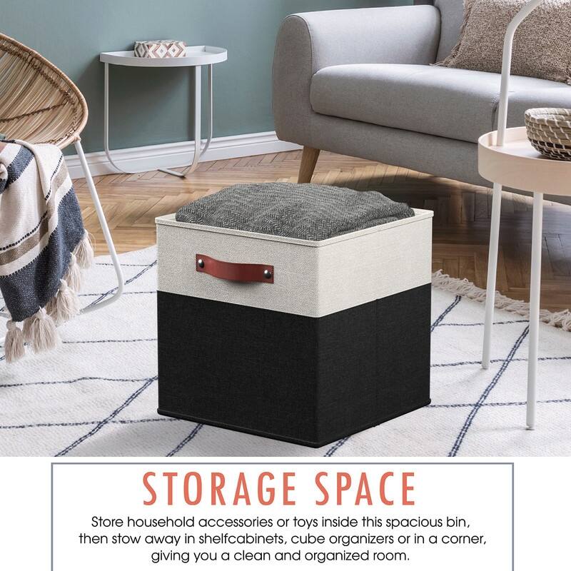 Foldable Collapsible Storage Box Bins Linen Fabric Shelf Basket Cube Organizer with Leather Handles - Set of 6