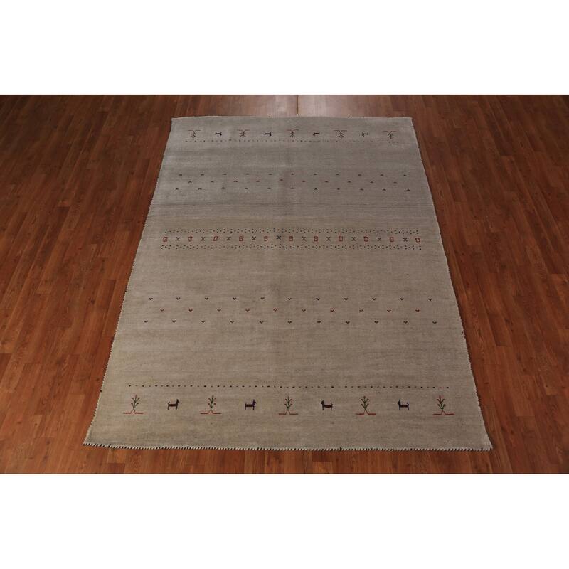 Tribal Gabbeh Area Rug Hand-Knotted Beige Wool Carpet - 5'8" x 7'9"