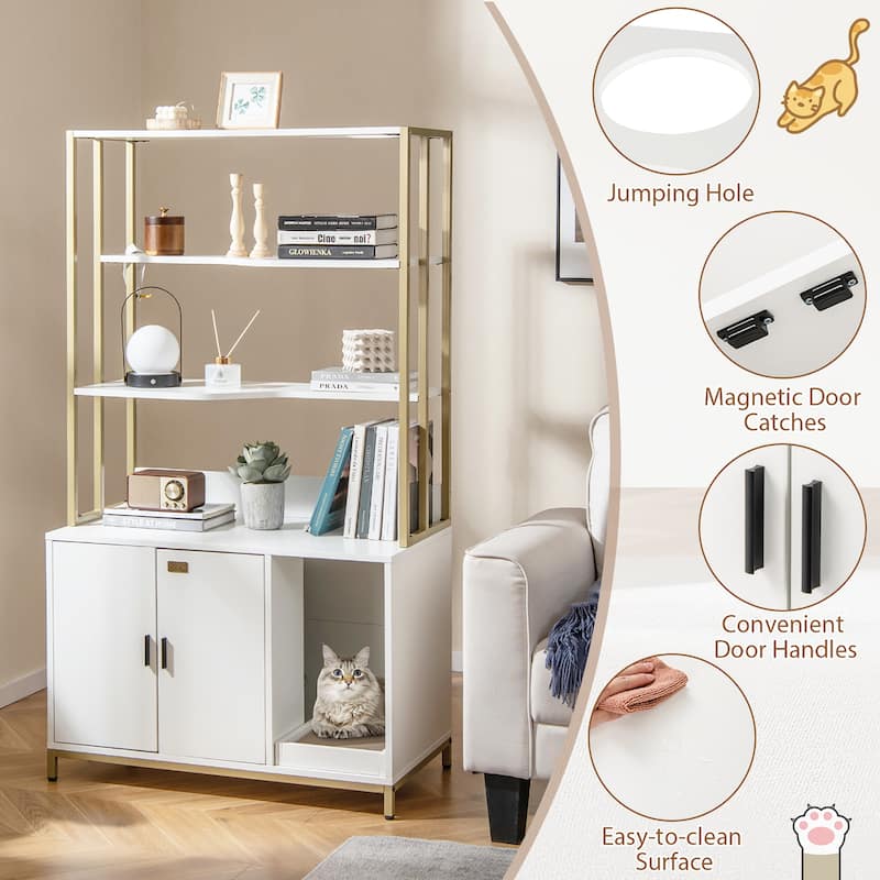 Gymax 61'' Cat Litter Box Enclosure w/ Storage 3-tier Shelves Side