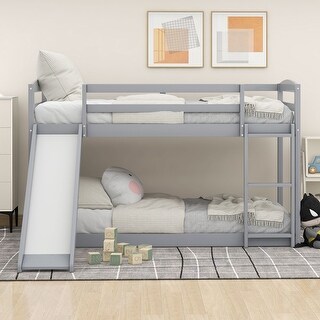 Gray Twin over Twin Low Bunk Bed with Convertible Slide and Ladder ...