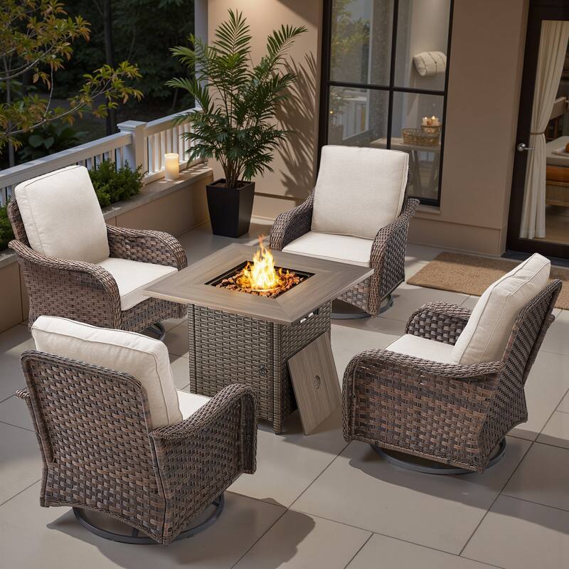 Pocassy Patio Funiture Sofa Swivel Chair Ottoman with Fire Table Set - Beige Cushion - Brown Wicker - 5-Piece Swivel Chair with Fire Pit Table