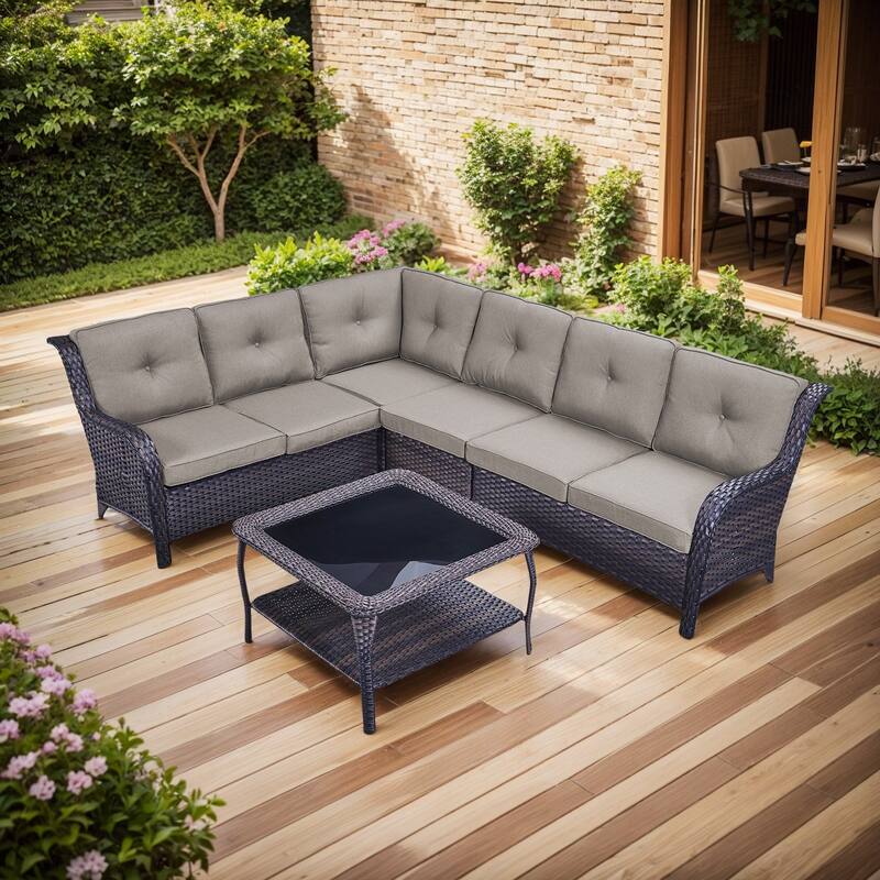 Outdoor Sectional Sofa Furniture Set - Brown Rattan - Grey Cushion - Sectional Sofa with Coffee Table