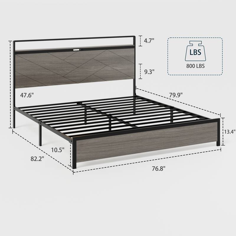 Modern Metal Platform Bed Frame with Wood Headboard LED Lights, USB & Type-C Charging Station, Large Underbed Storage