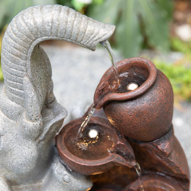 Glitzhome 4-Tiered Dogs or Elephant and Pot Polyresin Outdoor Fountain with Pump and LED Light
