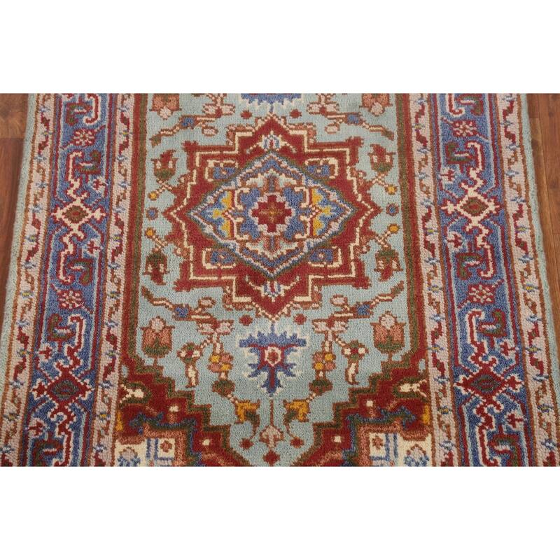Turquoise Geometric Heriz Serapi Foyer Rug Hand-Knotted Wool Carpet - 3'0"x 4'11"