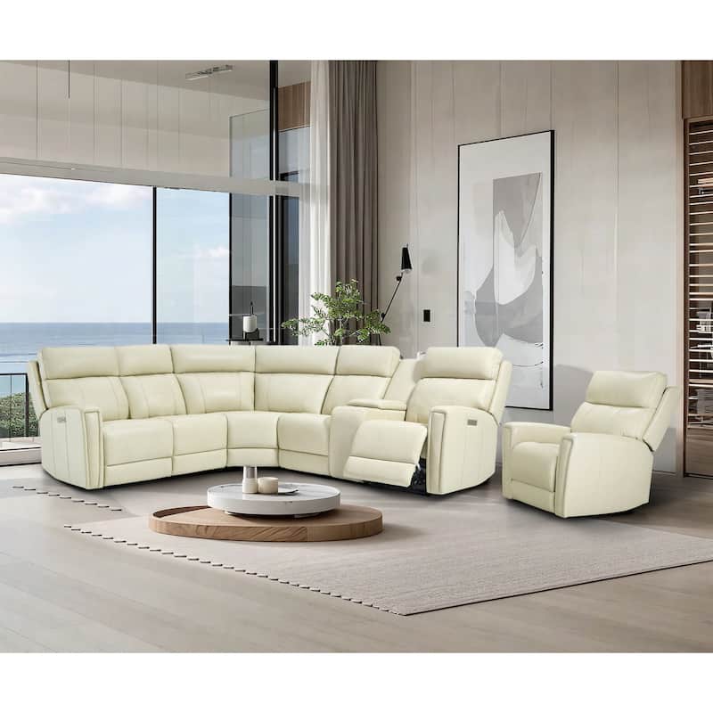 104" W 6 Seater Genuine Leather Power Sectional and 39" W Recliner Set with Zero Gravity, USB Ports, 2 Stationary Armlesschairs