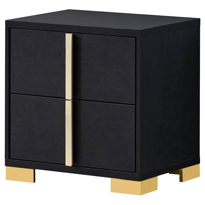 Modern Black 2-Drawer Nightstand with Gold Metal Accents, Geometric Art Deco Design, Smooth Glide Drawers