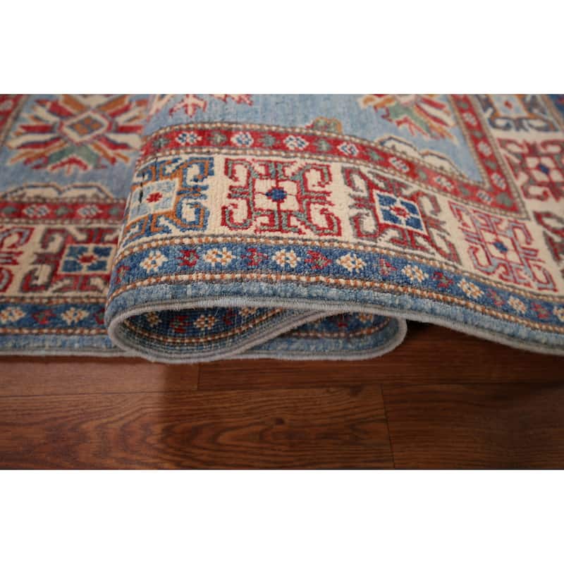 Light Blue Geometric Kazak Accent Rug Hand-Knotted Wool Carpet - 2'11" x 4'11"