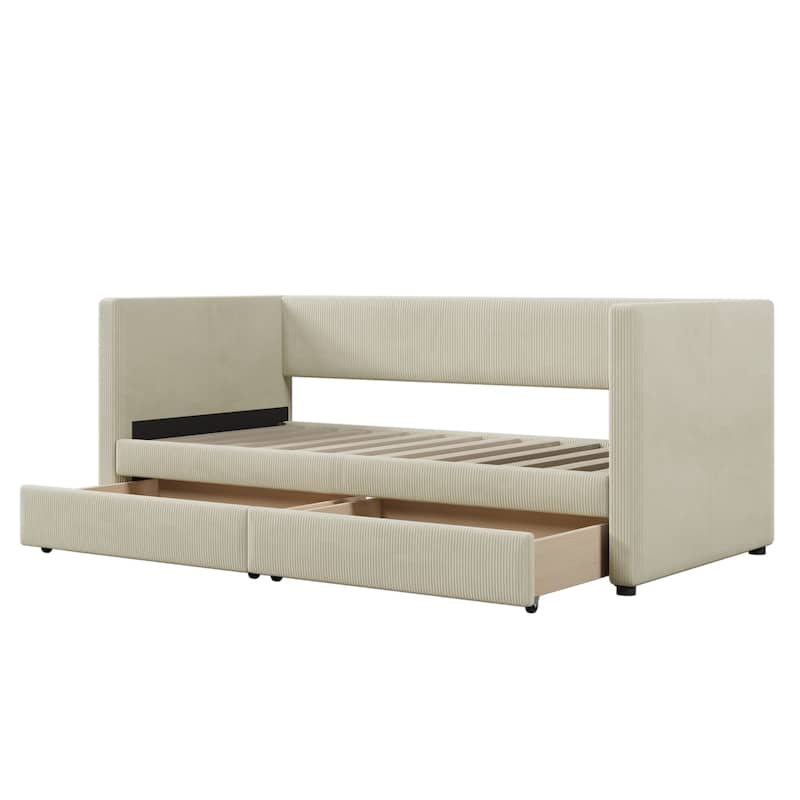 Beige Twin Corduroy Daybed with Storage Drawers and Wood Slat Support - No Box Spring Needed