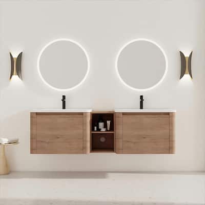 68'' Wall-Mounted Bathroom Vanity with White Ceramic Sink and Storage Shelves & 1-Soft-Close Door, KD-Packing, Plywood